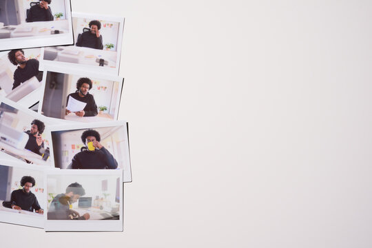  Polaroid photos showcasing a young professional in various states of work, from contemplation to conversation, in a light-filled modern office. Office Life Candid Moments - Polaroid Series
