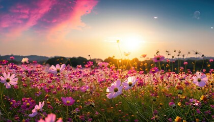 Beautiful and amazing cosmos flower field landscape in sunset