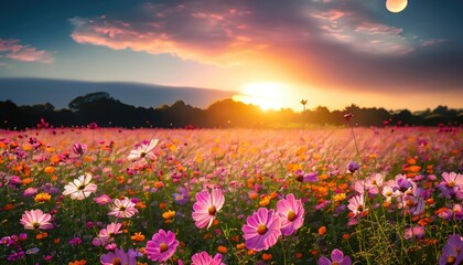Beautiful and amazing cosmos flower field landscape in sunset - obrazy, fototapety, plakaty