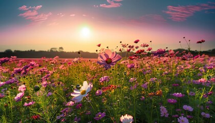 Beautiful and amazing cosmos flower field landscape in sunset