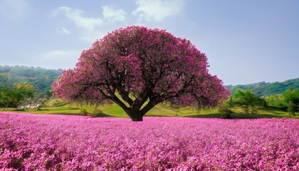 Big tree in pink color flower field - obrazy, fototapety, plakaty