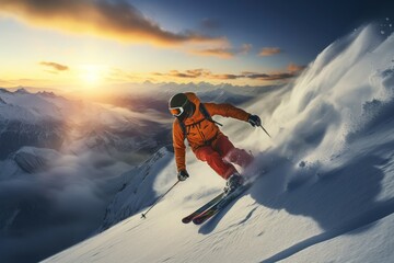 Scenic Person ski resort. Sky nature tourism. Generate AI