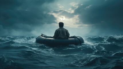 Man on raft at sea