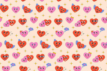 Character heart in groovy style seamless pattern.Valentine's Day.Textile and fabric design, wrapping paper.Vector stock illustration.
