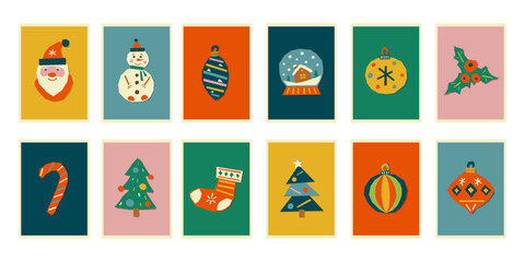 New Year's elements are cut out from colored paper or cardboard. Set greeting card, poster.Retro color. Children's handmade. Stock vector illustration.