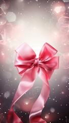 Gift bow with bokeh background. Christmas and New Year card.