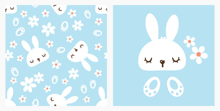 Seamless pattern with bunny rabbit cartoons, foot print and daisy flower on blue background vector.