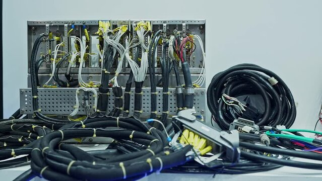 A closeup of electrical components and cables for automobiles at a trade show