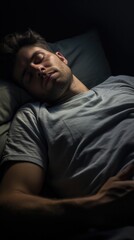 Obraz premium Man sleeping on soft pillow in bed at home