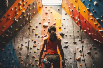female rock climber stands in front of the wall of a training climbing wall, rear view. Climbing training - Powered by Adobe