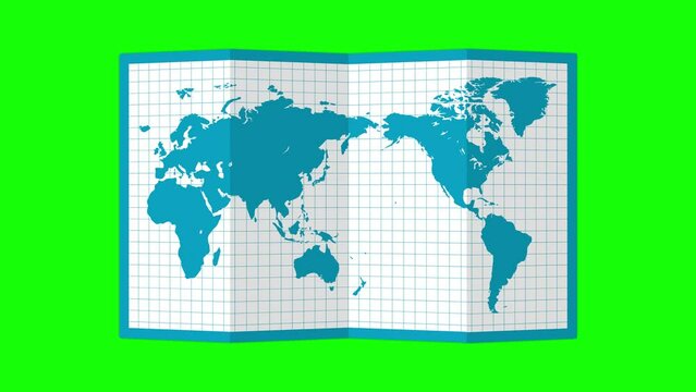 4K animation of opening quad-fold world map ( green background for chroma key )
