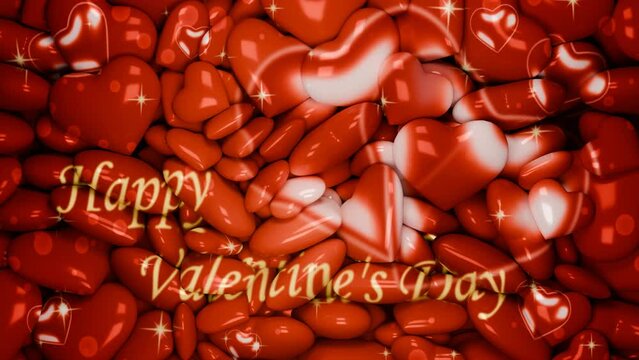 Festive 3d animation - postcard. Congratulations on Valentine's Day. A lot of falling hearts form a picture, a banner with congratulations. Happy Valentine's Day.