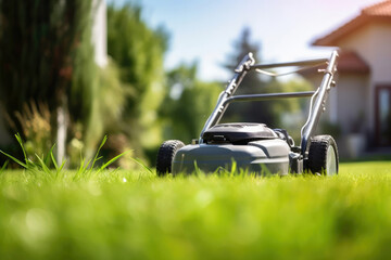 lawnmower on the lawn close-up in the courtyard of a residential building. lawn mowing - obrazy, fototapety, plakaty