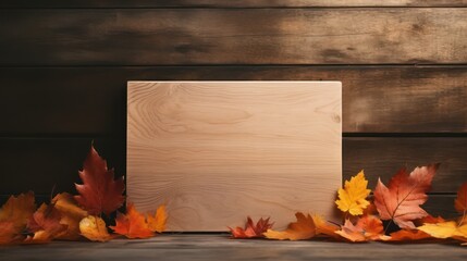 Mockup image of standing blank wooden board with autumn leaves background 
