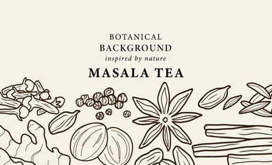 Line art masala tea spices background - obrazy, fototapety, plakaty