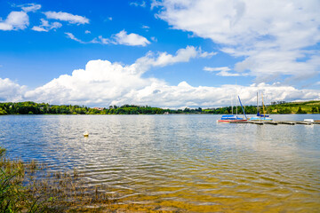 Nature at the Brucher Dam near Marienheide in North Rhine-Westphalia. View of the lake with the surrounding landscape.
