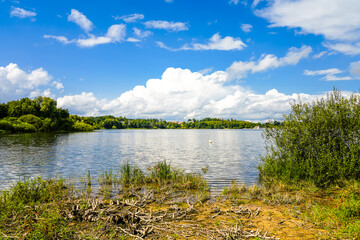 Nature at the Brucher Dam near Marienheide in North Rhine-Westphalia. View of the lake with the...