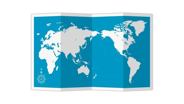 4K animation of opening quad-fold world map ( mov, transparent background )