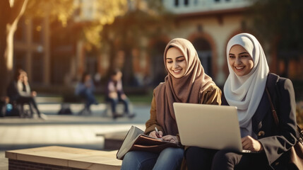 copy space, stockphoto, Portrait of two Muslim female students in traditional headscarf using laptop and phone in university campus. Female arabic students using laptop or cellphone on the campus site - obrazy, fototapety, plakaty