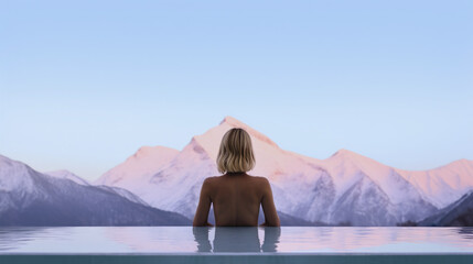 Frau genießt die Ruhe in einem Infinity-Pool mit Blick auf die Berge im Morgengrauen, Generative AI