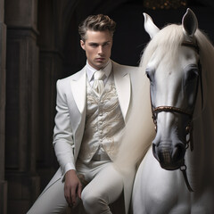 Regal and elegant image of a male fashion model with white horse