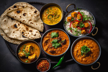 Traditional Indian dishes Chicken tikka masala, palak paneer, saffron rice, lentil soup, pita bread and spices.