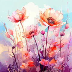Illustration of painted poppies, watercolor. Summer Flowers