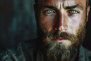 Portrait of a man with a rugged beard, piercing green eyes, and a strong jawline - Powered by Adobe