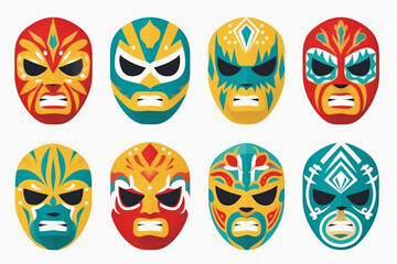 Set of masks for wrestlers Lucha libre. Mexican luchador mask design mockup set.