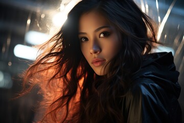 A beautiful Asian teenage girl Fashion style of beautiful Asian girl with sunlight and shadow on her face in bright morning light.