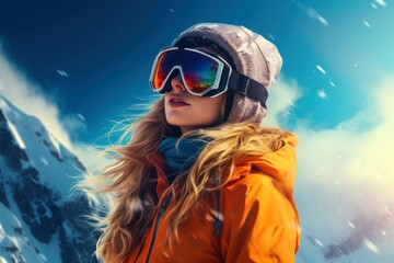 Snowy Woman ski resort. Alpine slope people. Generate AI