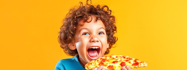 kid eating pizza with a happy expression on his face, yellow banner - obrazy, fototapety, plakaty