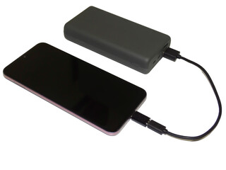 A smartphone charges from an external battery