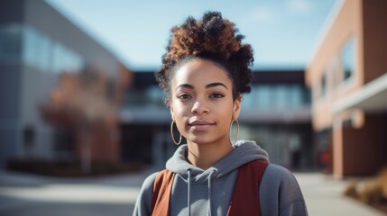 Portrait of african american woman standing in front of her building complex