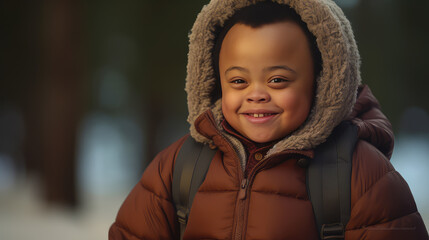 Portrait of a African American happy smiling boy with down syndrome. Autism concept.