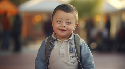 Portrait of a happy smiling boy with down syndrome. Autism concept.