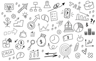 Financial and bank icons vector set. Money, business, finance and charts, infographic, money and goal, communication and success. Vector illustration. Isolated linear hand drawn doodles.