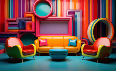 Colorful abstract furniture. Wall in front of colorful stripes, in the style of realistic color palette. Freeform minimalism. Color palette realistic interior.