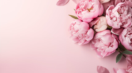 Flowers composition with roses and peonies on flat lay light pink background with copy space - obrazy, fototapety, plakaty