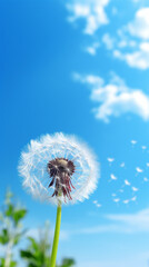 Dandelion flower with blue sky background mobile wallpaper. Created using generative AI.