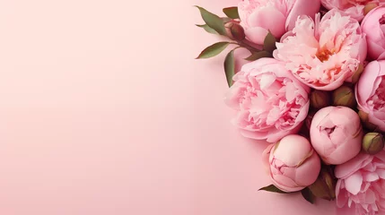 Stof per meter Pioenrozen Flowers composition with roses and peonies on flat lay light pink background with copy space
