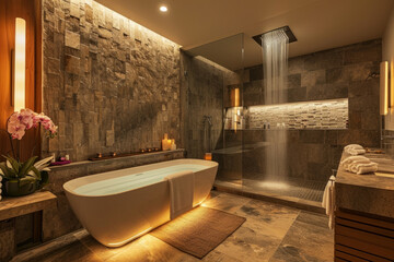 A spa-like bathroom with a large soaking tub, a rain shower, and natural stone tiles. Warm lighting - obrazy, fototapety, plakaty