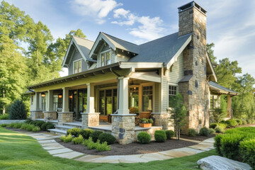 Modern Craftsman-style house with a stone chimney and a large front porch - obrazy, fototapety, plakaty