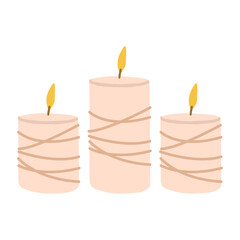 Vector illustration of burning candles. Wax scented candles for aromatherapy and spa. Isolated design on a white background.
