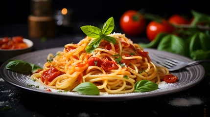 Fotobehang Fresh italian pasta spaghetti with tomato sauce basil leaves © Black