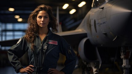 Portrait of female Navy jet fighter pilot in front of his jet - obrazy, fototapety, plakaty