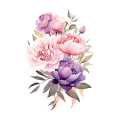 soft neutral pink purple watercolour peonies arrangement boho floral white isolated background