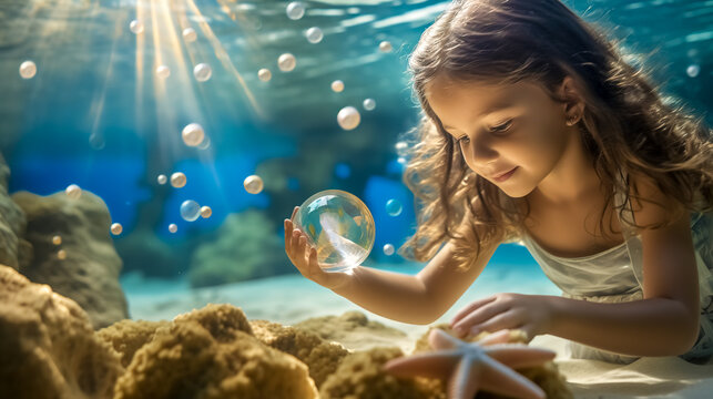 young girl underwater, illuminated by a shaft of sunlight, marveling at a clear bubble in her hands against a backdrop of ocean flora.