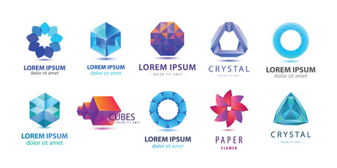 Vector set of abstract origami, geometric logos. Company business design elements, hexagon shapes, graphic signs - obrazy, fototapety, plakaty