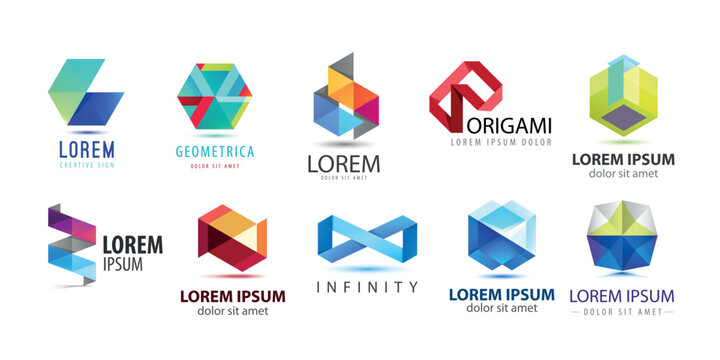 Vector set of abstract origami, geometric logos. Company business design elements, hexagon shapes, graphic signs